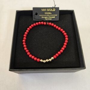 14kt Solid Yellow Gold Genuine Red Coral Bracelet